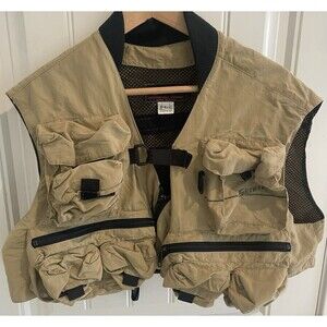 Vintage Simms Fly Fishing Full Zip Vest Size L Pockets USA Beige